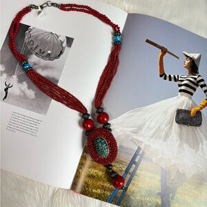 NWT Anthropology Elegant Red and Turquoise Beaded Necklace